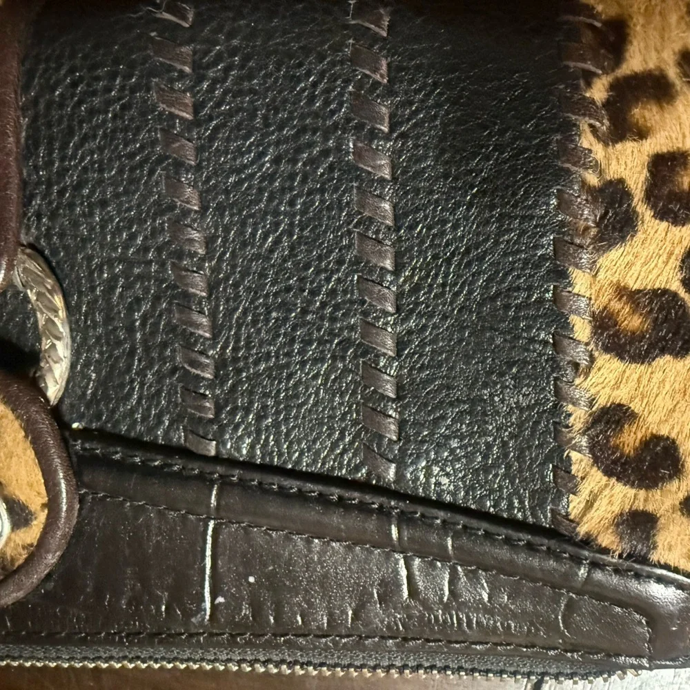 Brighton Black Leather & Leopard Haircalf Zip Card Holder